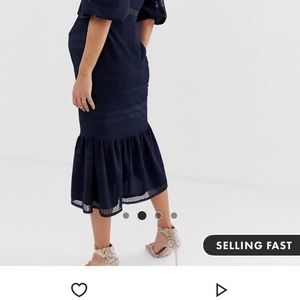 ASOS Maternity Navy lace puff sleeve pephem dress